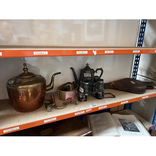 720 - shelf mixed brass / copper kettle a/f , tea pot , binoculars etc..