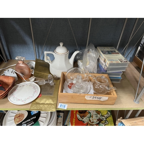 818 - mixed shelf glass tea pot , VHS tapes , coffee pot etc.. plus bottom sheif pizza trays & childre... 
