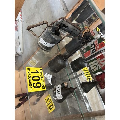 109 - Vintage brass blow lamp plus oil cans