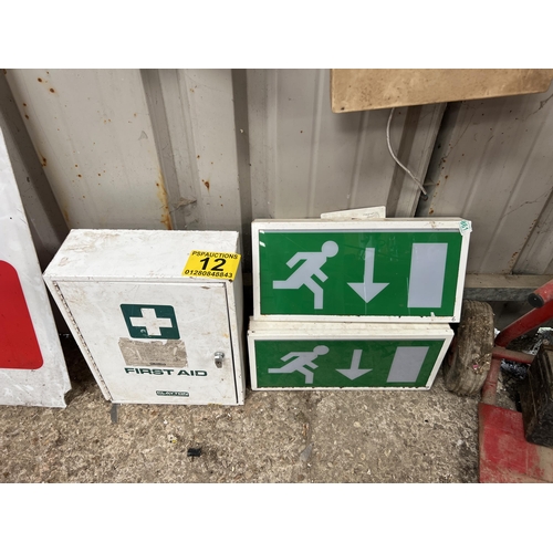 12 - 2 x light up fire exit signs plus tin first aid tin