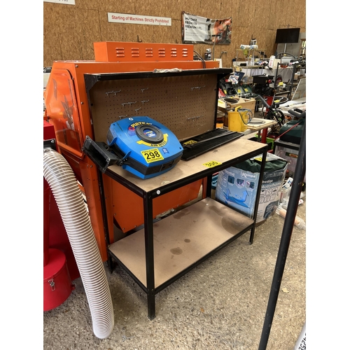 300 - Work bench with bottom shelf and back stand , tool rack