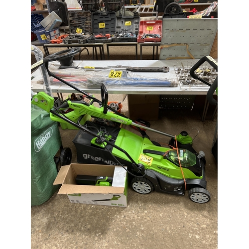 306 - Greenworks CORDLESS 40v mower , strimmer , blower with battery / [ new / demostrator )