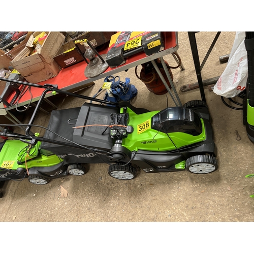 308 - Greenworks CORDLESS 48v mower with battery charger [ new / demostrator ) 41cm cut