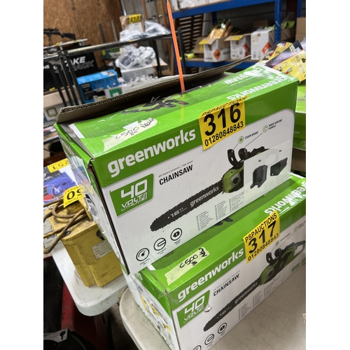 316 - Greenworks CORDLESS battery 40v CHAINSAW with battery / charger , NEW