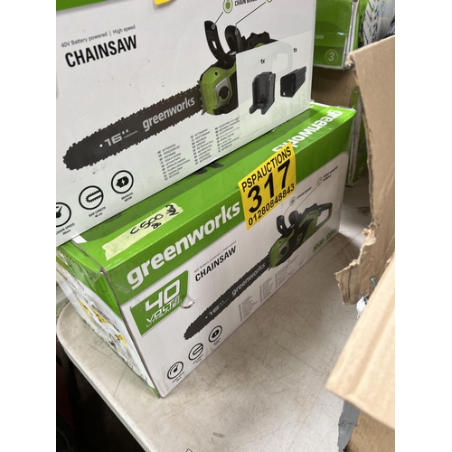 317 - Greenworks CORDLESS battery 40v CHAINSAW with battery / charger , NEW