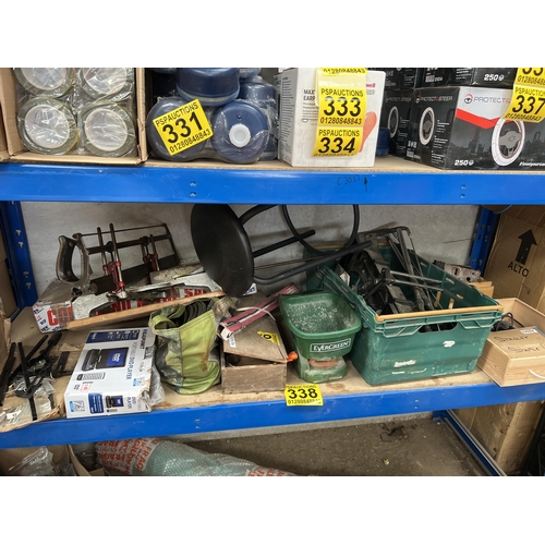 338 - shelf mixed tools , mitre saw , dremel , car dvd player etc..