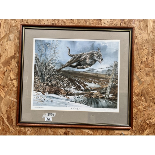 12 - Framed numbered Limited edition print Dog chasing hare , titled in Full flight