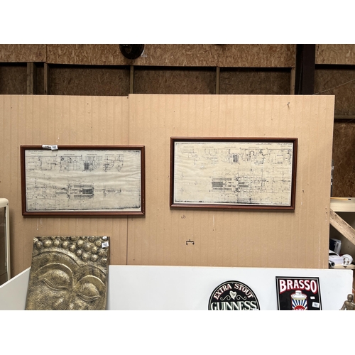 162 - HMS HOOD 2 x framed blue prints , repro
