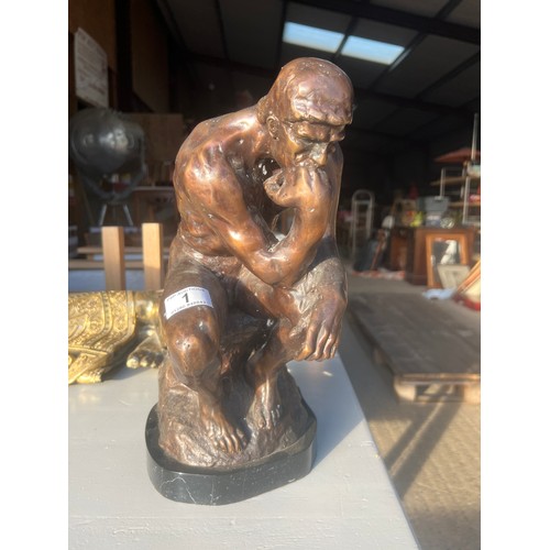 1 - bronze figure of thinking man signed   37cm high    very heavy