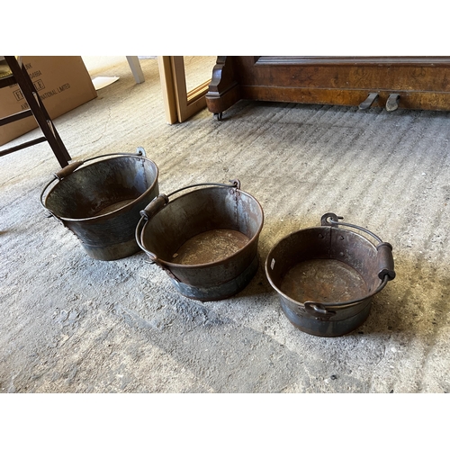 390 - h223 x 3 small buckets/planters with wooden handles