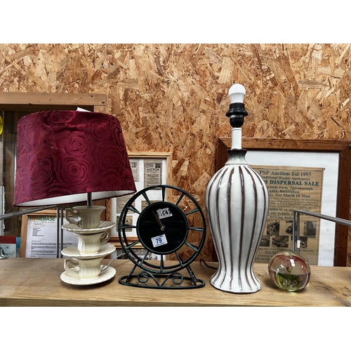 79 - x 2 table lamps + clock + paperweight