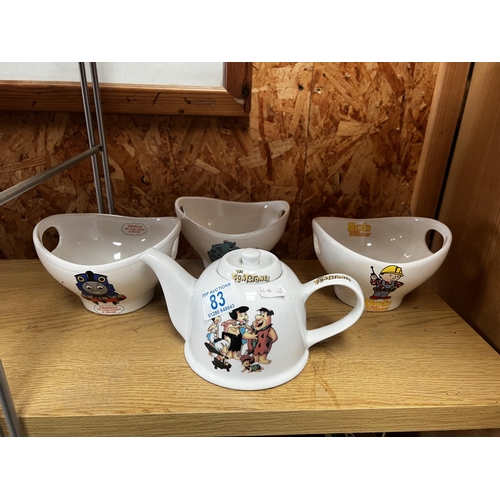 83 - RG46 teapot and 3 cereal bowls