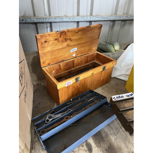 423 - woodn tool box + contents