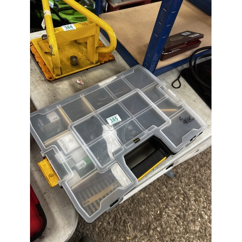 385 - plastic tool box + contents