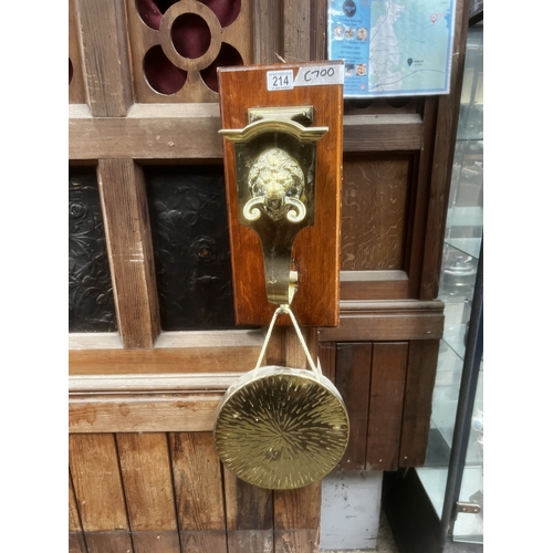 214 - ornate brass door knocker   and brass gong
