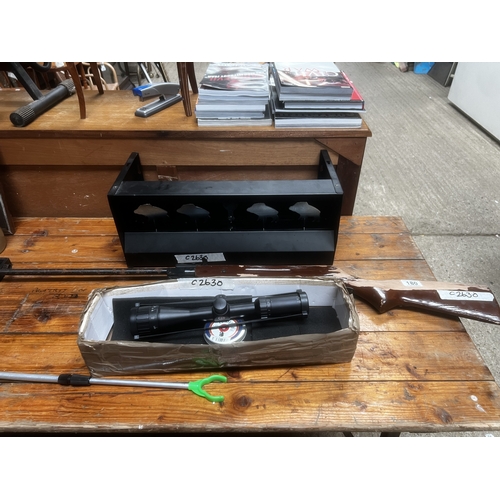 air riffle, sights, stand + metal target