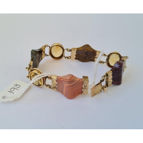 193 - SCOTTISH HARD STONE & CITRINE gold mounted panel bracelet