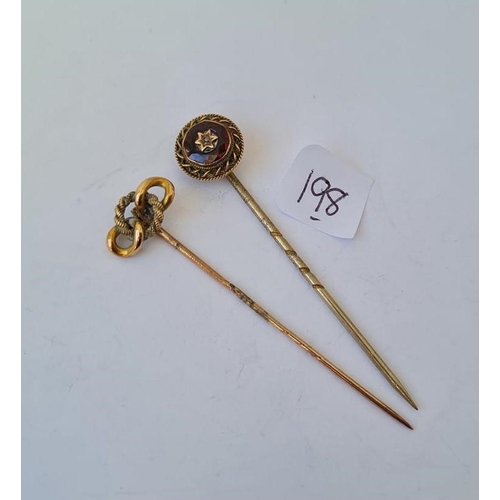 198 - Two more similar gold top stick pins