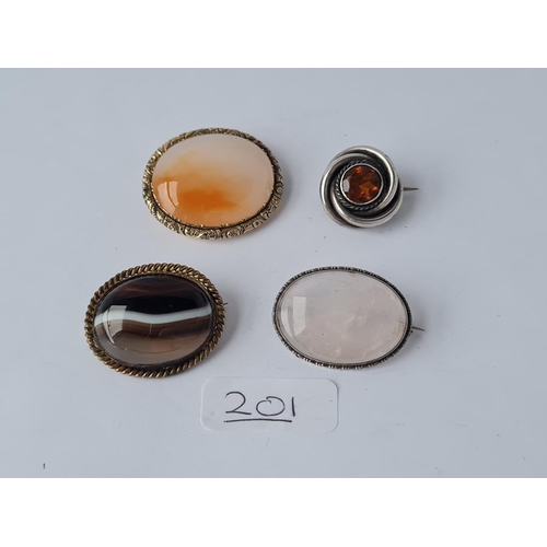 201 - Two Victorian agate set brooches & 2 silver stone set brooches