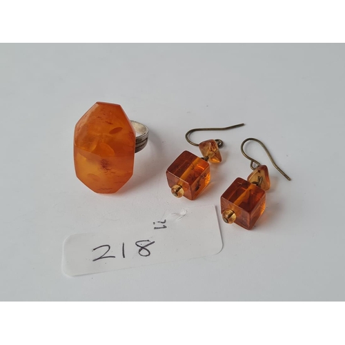 218 - A silver & amber cube earrings & silver & amber ring