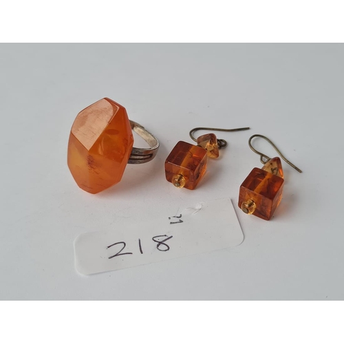 218 - A silver & amber cube earrings & silver & amber ring
