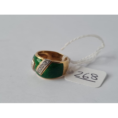 268 - A VINTAGE GREEN ENAMEL & DIAMOND RING IN 18CT GOLD - size L - 9.3gms