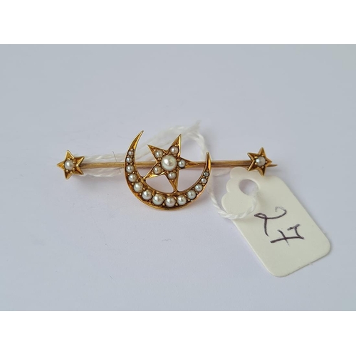 27 - Antique pearl set star and crescent brooch in 15ct gold 3.3g