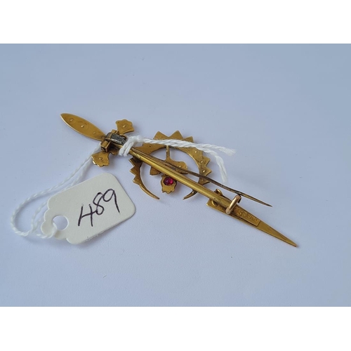 489 - A pearl & garnet set sword and crescent 9ct brooch 3.9g
