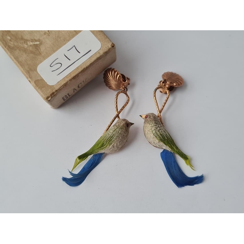 517 - A pair of base metal earrings as birds made with feathers