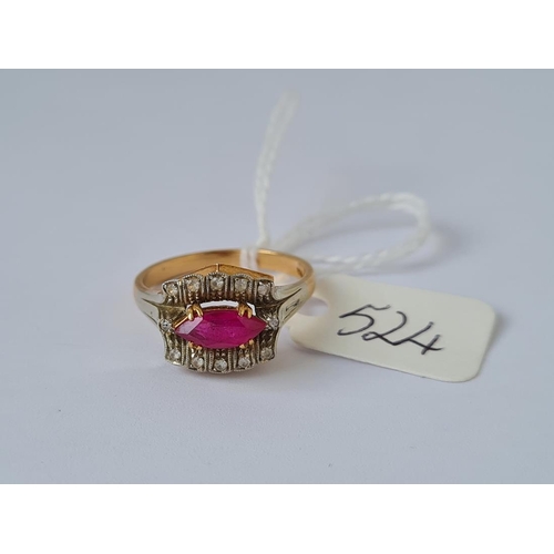 524 - An attractive red stone and diamond cluster ring in 18ct gold mount size O 5.2g