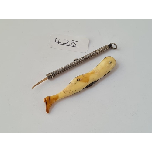 428 - A silver tooth pick together with a pen knife in the form of a ladies leg & shoe