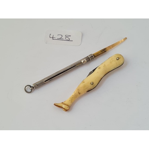 428 - A silver tooth pick together with a pen knife in the form of a ladies leg & shoe