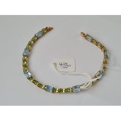 436 - A FINE QUALITY PERIDOT & AUQA MARINE LINE BRACELET IN 9CT - 9.3gms