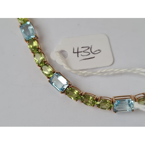 436 - A FINE QUALITY PERIDOT & AUQA MARINE LINE BRACELET IN 9CT - 9.3gms