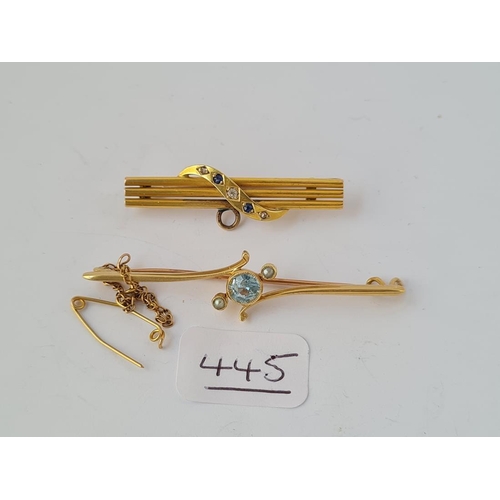 445 - An antique aquamarine & pearl brooch with a diamond & sapphire brooch both in 15ct gold - 6.8gms