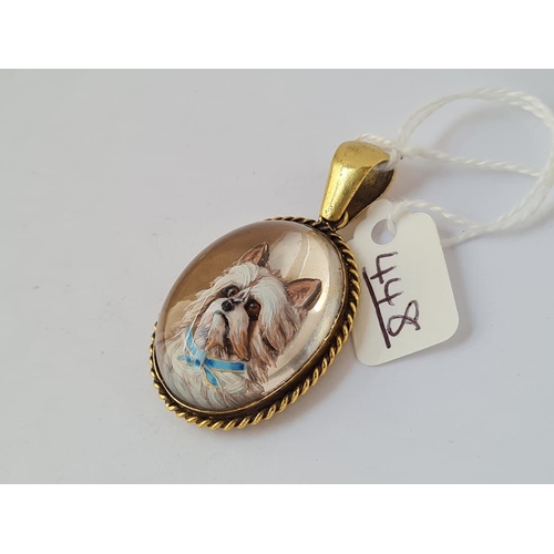 448 - A SUPERB VICTORIAN OVAL ESSEX CRYSTAL PENDANT OF A WEST HIGHLAND TERRIER IN 18CT GOLD - ON REVERSE '... 