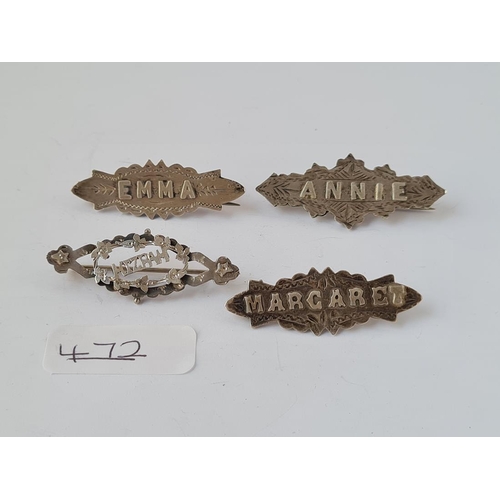 472 - Four silver Victorian name brooches