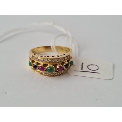 10 - A CABOCHON, EMERALD, RUBY & DIAMOND BANDED RING IN 14CT GOLD - size N - 4.8gms