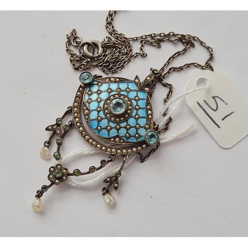 51 - An art nouveau silver & enamel aqua & pearl pendant necklace