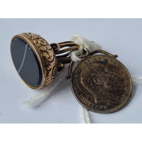 22 - 19thc fob seal and a 1908 Mundy 4d coin pendant