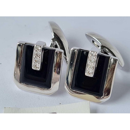 23 - Pair 18ct white gold diamond & Onyx set cufflinks 7.8g inc
