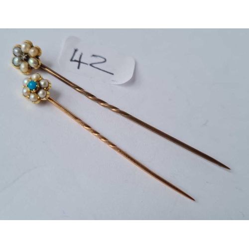 42 - Two pretty stick pins ( 1 X diamond and pearl cluster 1 X turquoise and pearl cluster ) both set in ... 