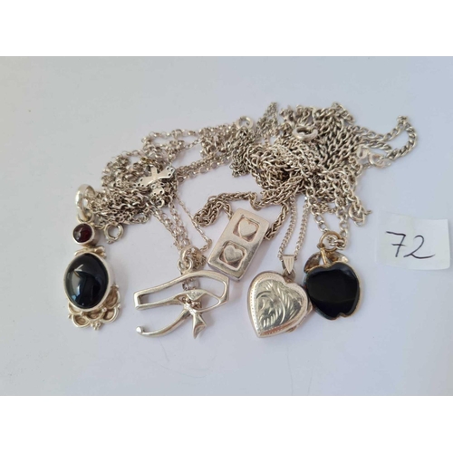 72 - Six silver pendants on silver chains 50g