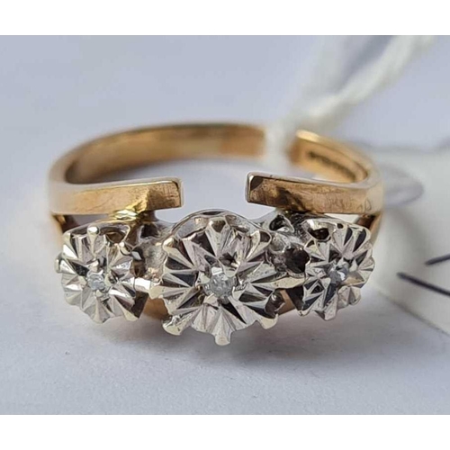90 - Fancy three stone 9ct diamond ring size K 3g inc