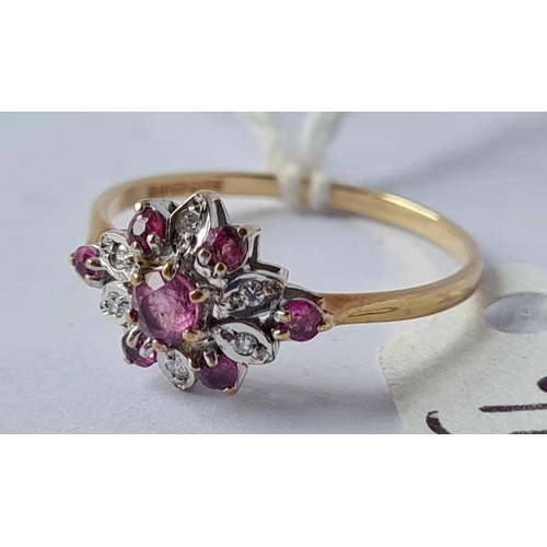 91 - A ruby and diamond cluster ring in 9ct size M