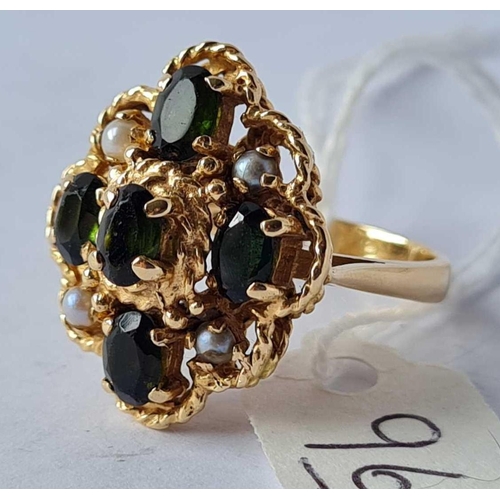 96 - A very large 14ct gold tourmaline and pearl dress ring size O 8.3g inc