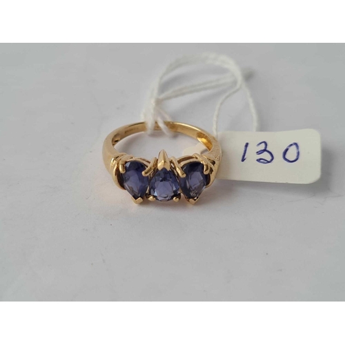 130 - A three stone pear shaped tanzanite band ring 9ct size N - 3.2 gms