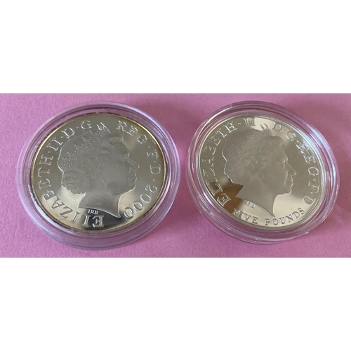 1397 - Two proof silver £5 coins 2000 and 2002