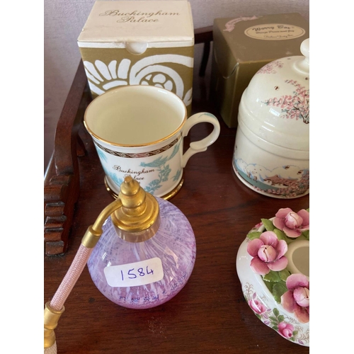 1584 - A scent spray, two Buckingham Palace Mugs and other items