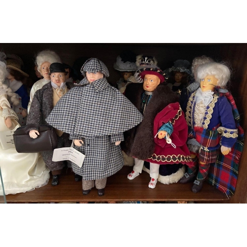 1708 - A shelf of aproximately 15 costume dolls, many by Peggy Nesbitt incl; Sherlock Holmes, Henry VIII